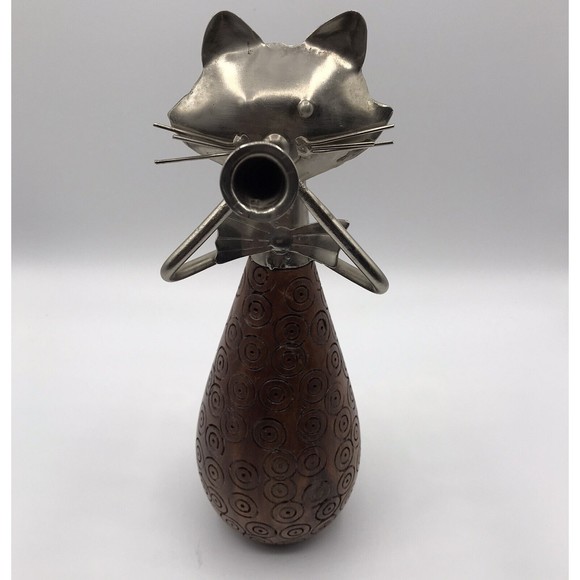 Pier 1 Carved Wood & Metal Cat Figurine Playing Trumpet Horn 10" - Picture 2 of 16
